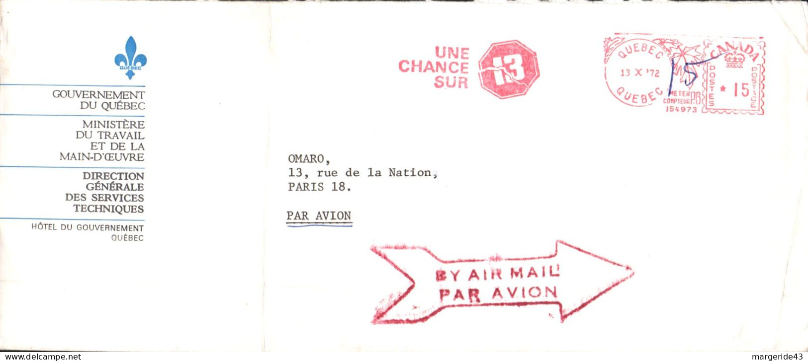 CANADA EMA SUR LETTRE POUR LA FRANCE 1972 - Covers & Documents