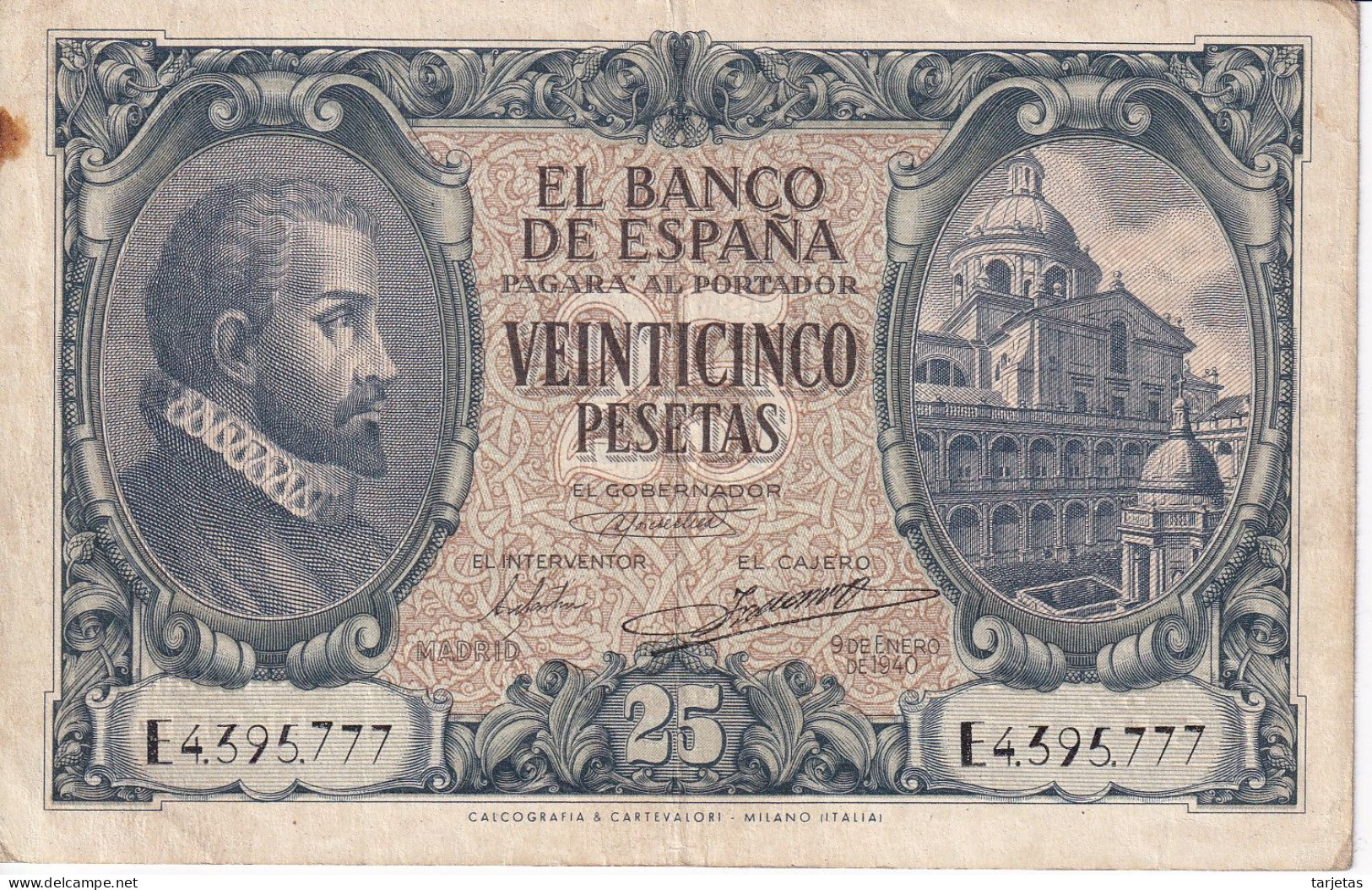 BILLETE DE 25 PESETAS DEL AÑO 1940 DE LA SERIE E - JUAN DE HERRERA (BANKNOTE) - 25 Pesetas