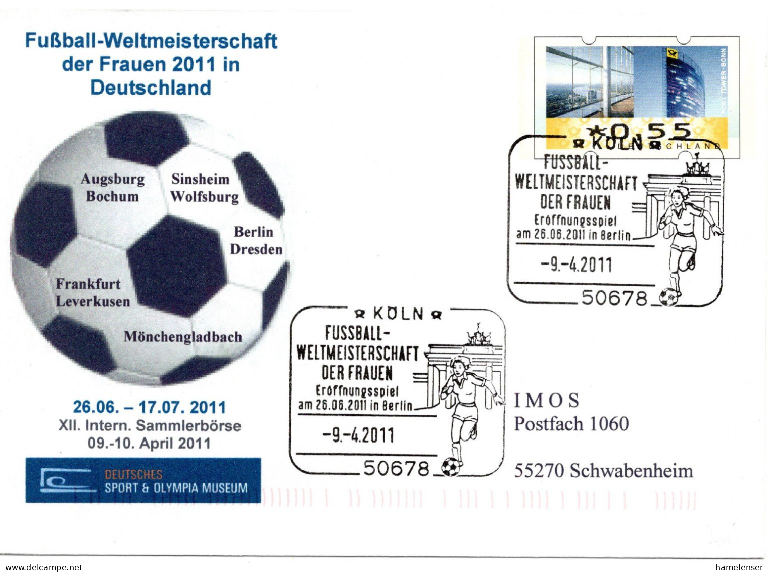 57693 - Bund - 2011 - 55c PlusbriefGAU SoStpl KOELN - FUSSBALL-WELTMEISTERSCHAFT DER FRAUEN ... -> Schwabenheim - Other & Unclassified