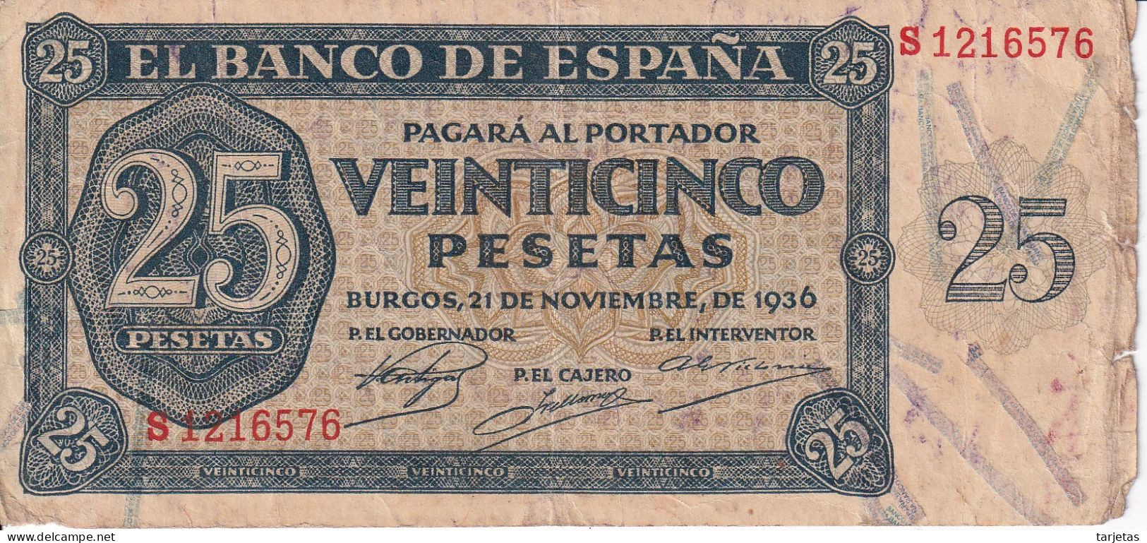 BILLETE DE BURGOS DE 25 PESETAS DEL AÑO 1936 DE LA SERIE S (BANKNOTE) - 25 Pesetas