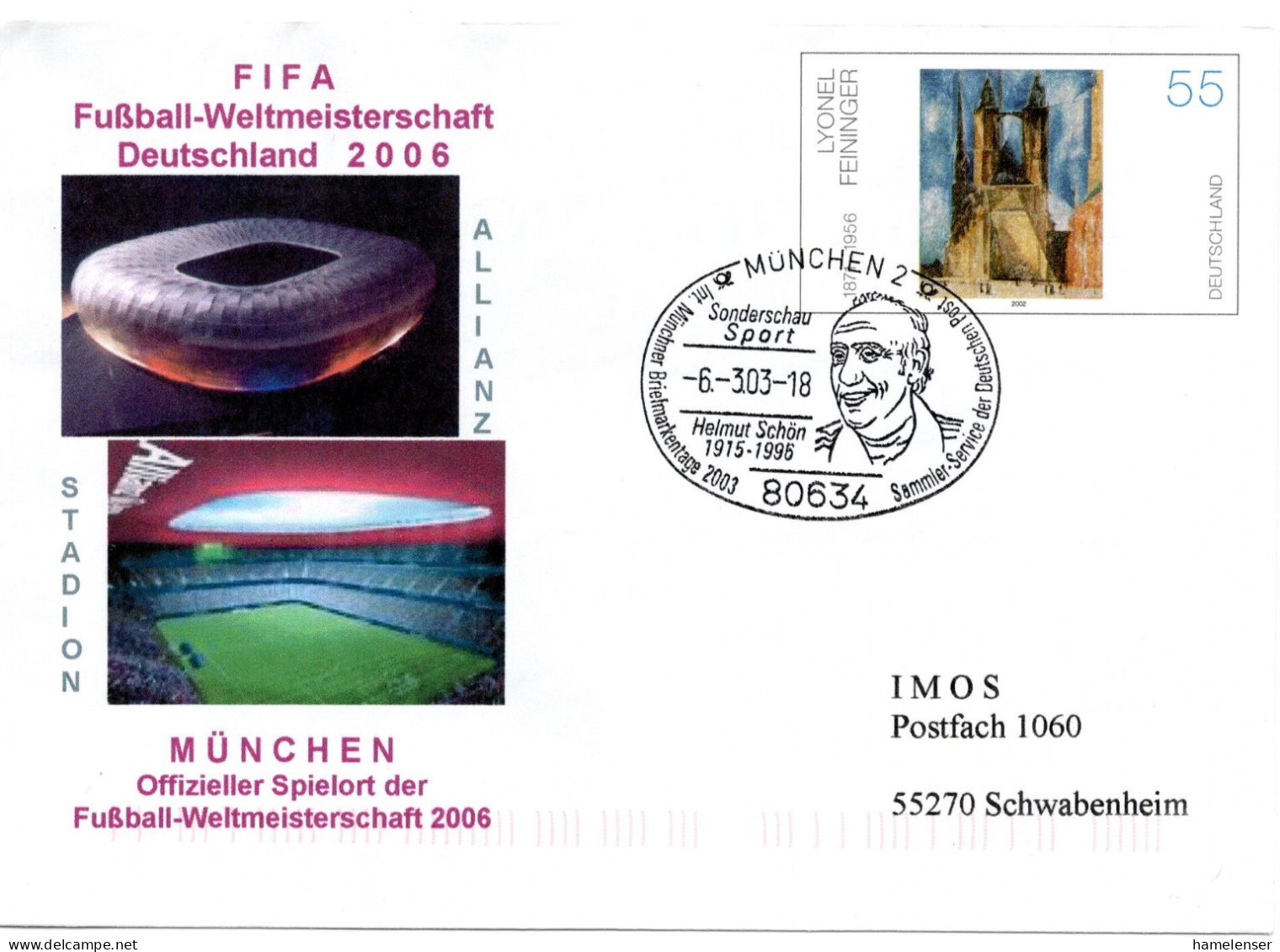 57699 - Bund - 2003 - 55c PlusbriefGAU "Fussball-WM '06" SoStpl MUENCHEN - HELMUT SCHOEN ... -> Schwabenheim - 2006 – Deutschland