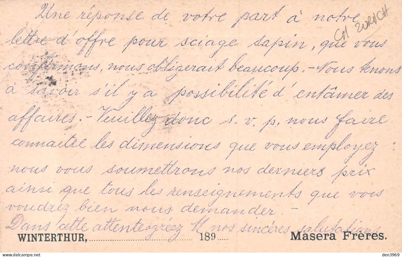 Suisse - ZH - WINTERTHUR - Masera Frères Importation De Bois - Ciry-le-Noble - Précurseur Voyagé 1894 (voir Les 2 Scans) - Winterthur