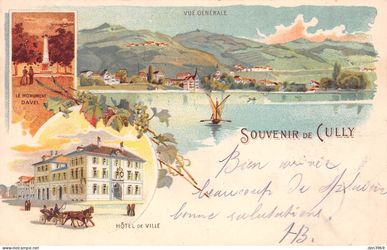 Suisse - VD - Souvenir De CULLY - Lith. : Monument Davel, Hôtel De Ville, VG - Précurseur Voyagé 1901 (voir Les 2 Scans) - Cully