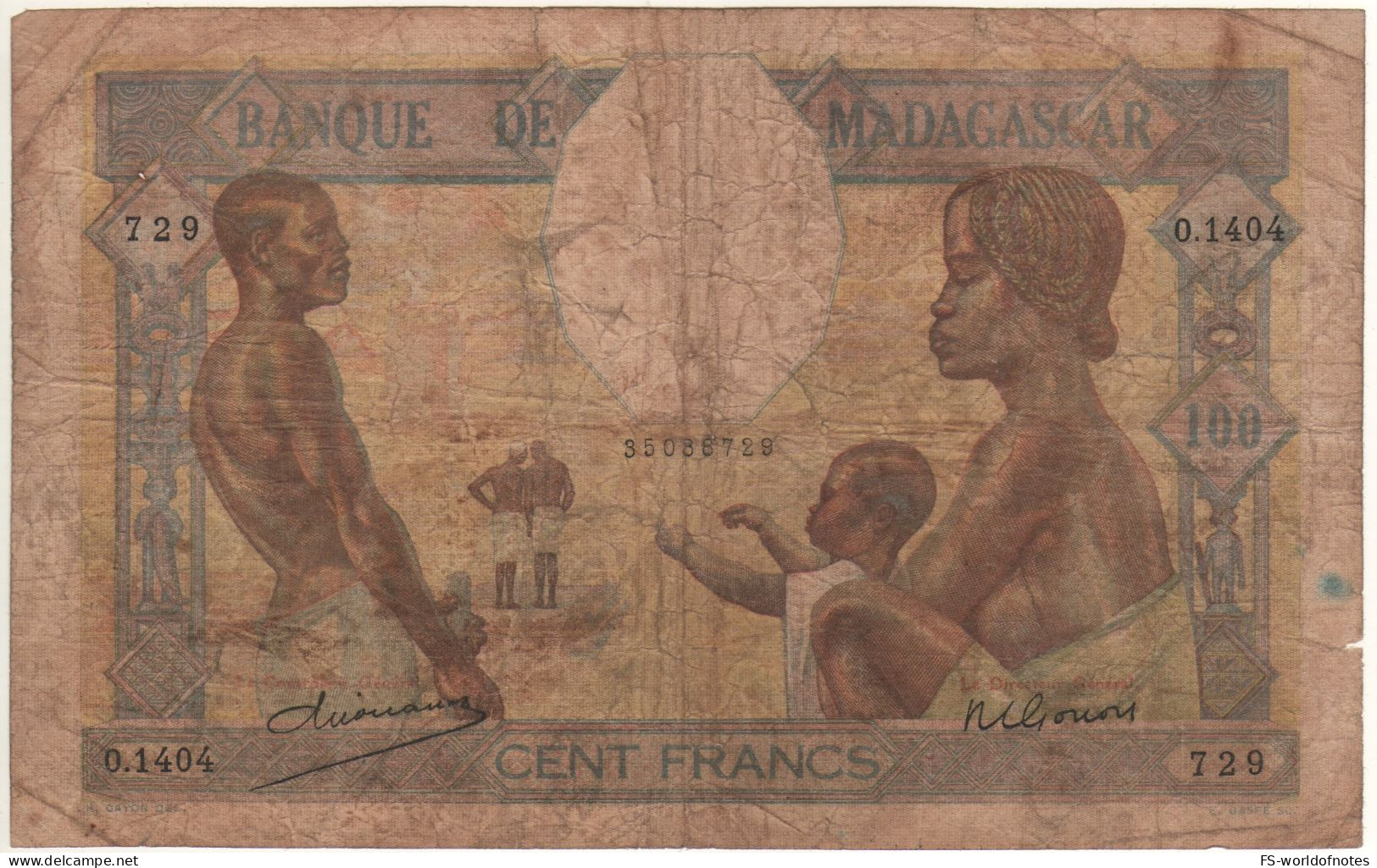 MADAGASCAR  100 Francs    P40a   (ND 1937)  "Family  + Field Work At Back " - Madagascar