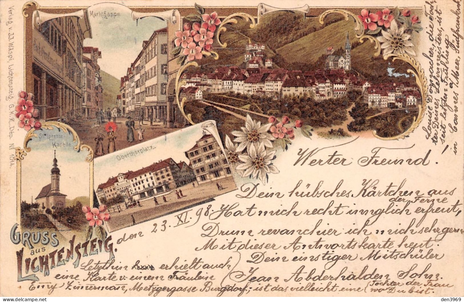 Suisse - SG - Gruss Aus LICHTENSTEIG - Lith J.J. Wäspi, Marktgasse Oberthorplatz - Précurseur Voyagé 1898 (voir 2 Scans) - Lichtensteig