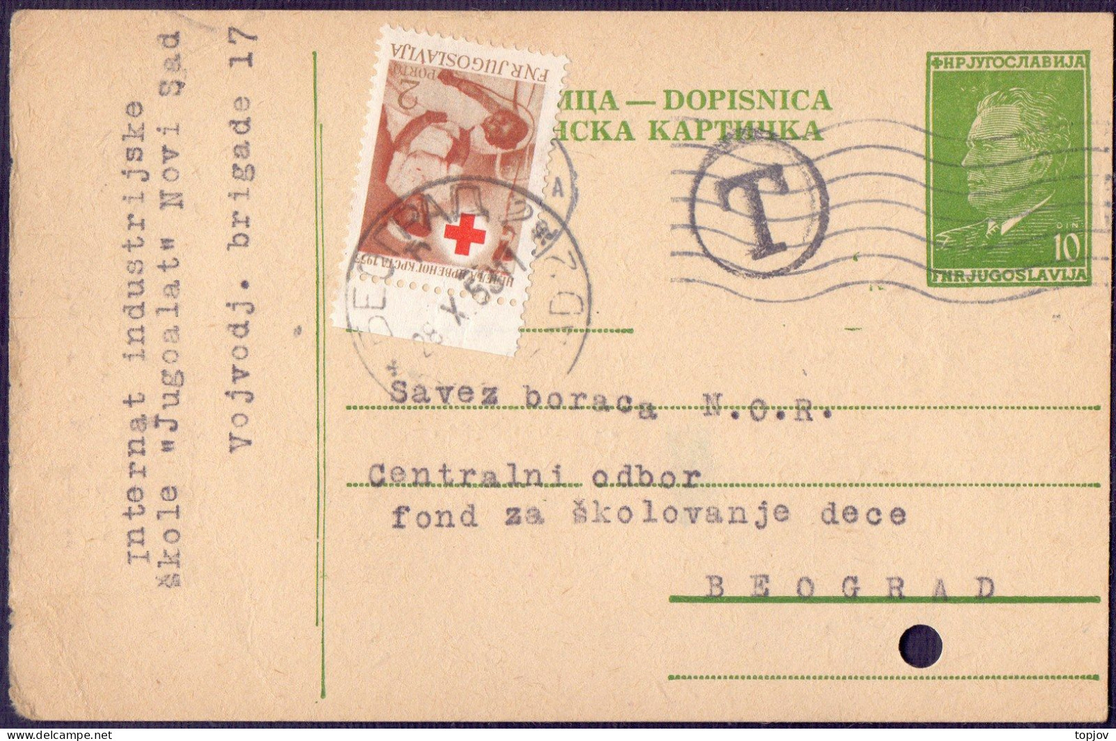 JUGOSLAVIA - POST CARD  Mi. P136  T  + RED CROSS  PORTO - 1953 - Timbres-taxe
