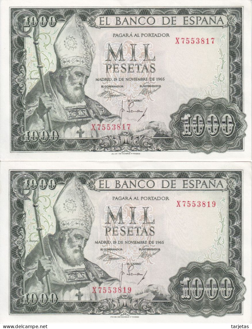 PAREJA IMPAR DE 1000 PTAS DEL AÑO 1965 SAN ISIDORO SERIE X SIN CIRCULAR (SC) (BANKNOTE) - 1000 Pesetas