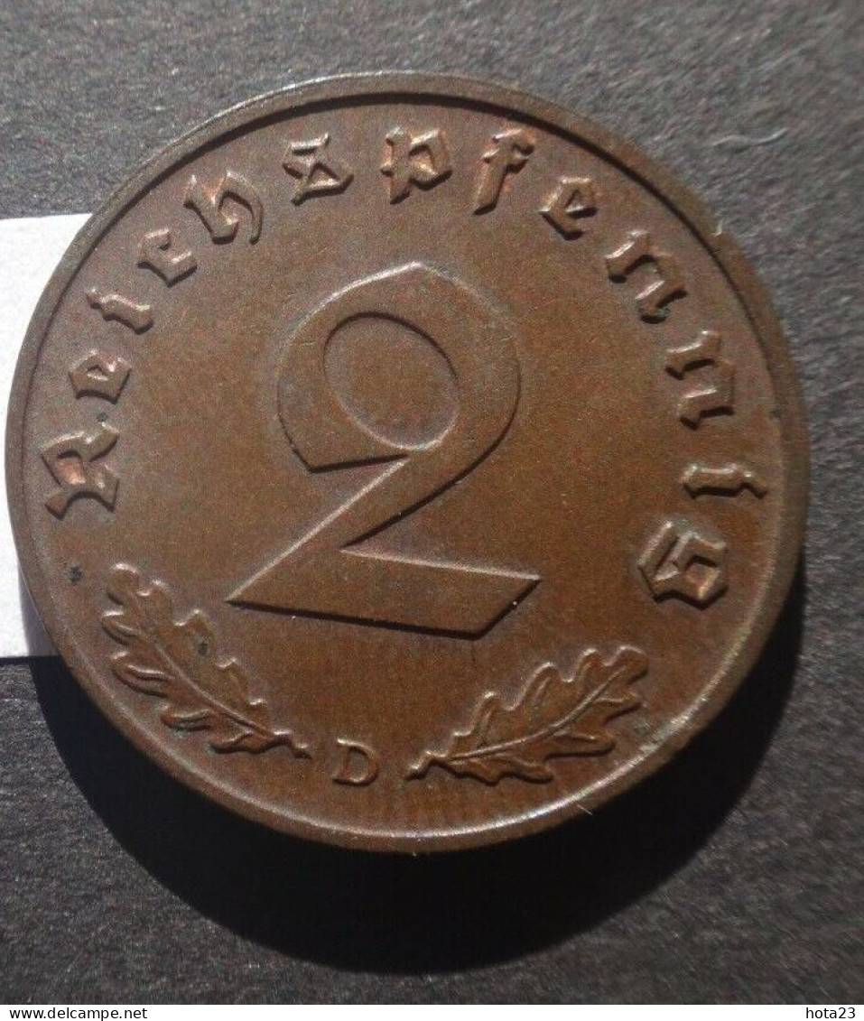 Germany 1938 D 3rd Reich SS Nazi Eagle Swastika 2 Pfennig Coin - 2 Reichspfennig
