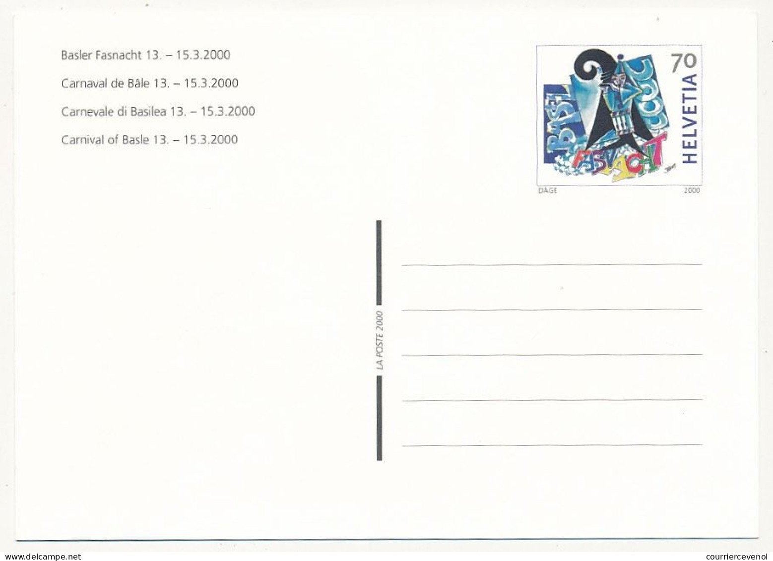 SUISSE - Entier Postal (CP) - Carnaval De Bâle - Neuf - 15/3/2000 - Entiers Postaux