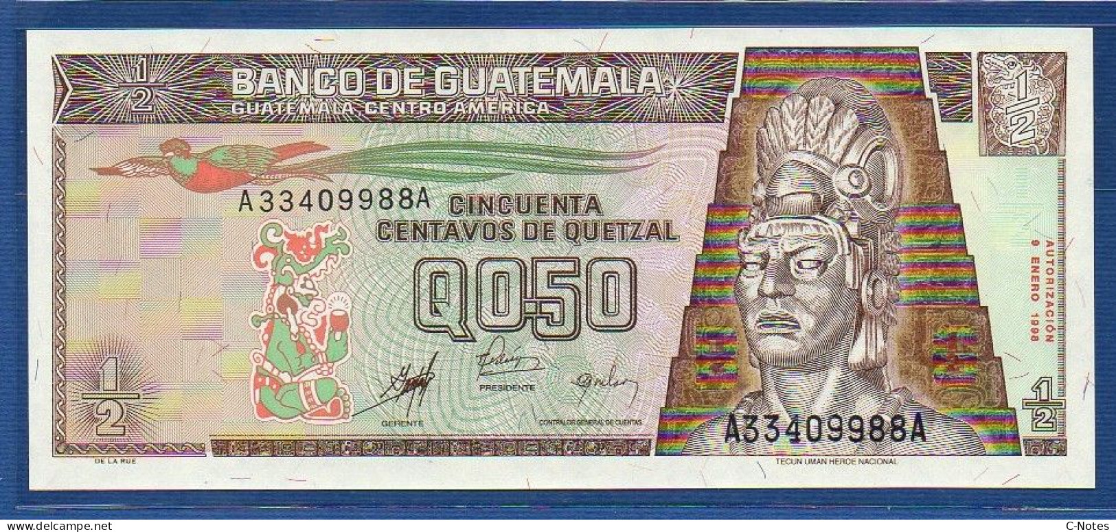 GUATEMALA - P. 98 – 50 Centavos De Quetzal 9.1.1998 UNC, S/n  A33409988A, Printer: De La Rue, London - Guatemala