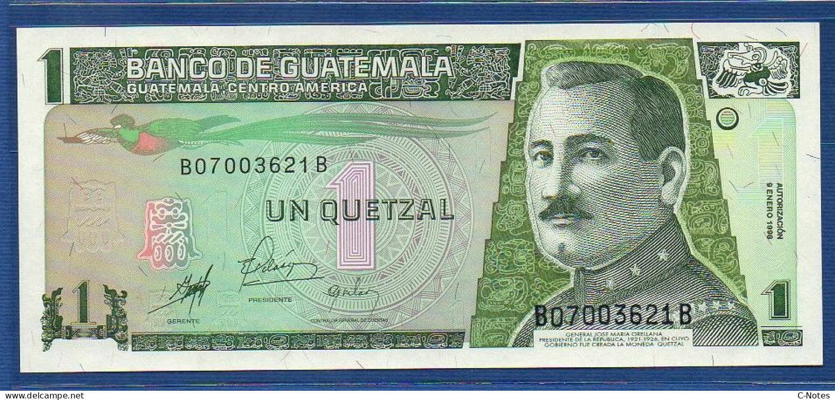 GUATEMALA - P. 99 – 1 Quetzal 1998 UNC, S/n B07003621B, Printer: De La Rue, London - Guatemala