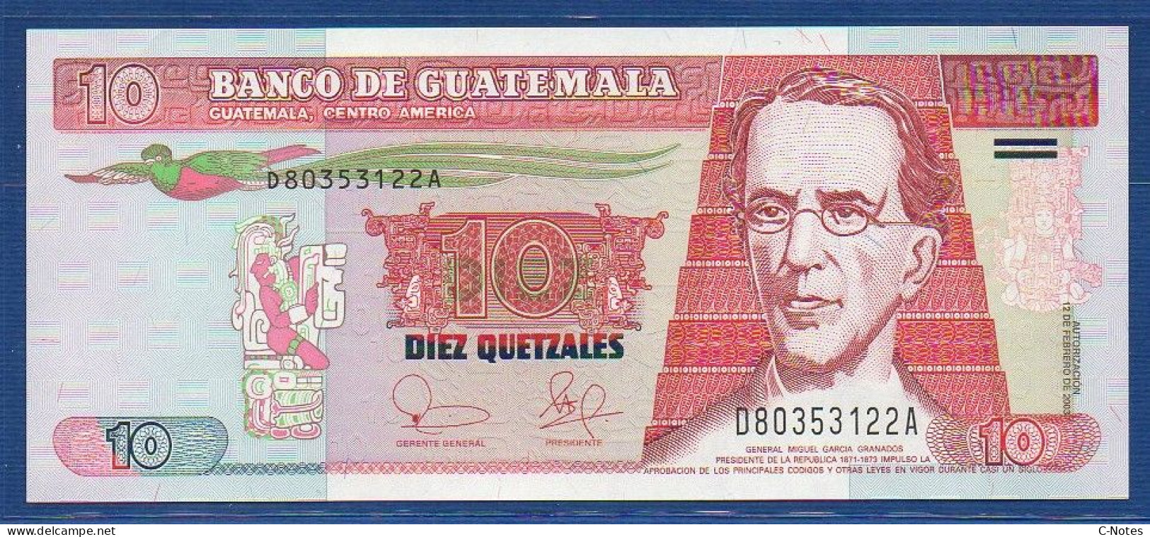 GUATEMALA - P.107 – 10 Quetzales 12.02.2003 UNC, S/n  D80353122A, Printer: FC Oberthur, France - Guatemala