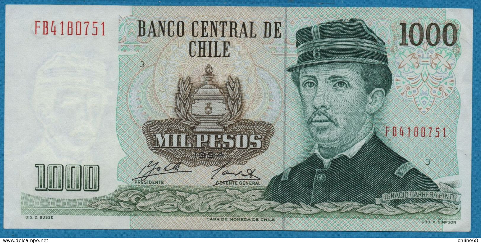 CHILE 1000 PESOS 1994 # FB4180751 P# 154e Signatures:  R.Mayanz & C.Alfonso - Chile