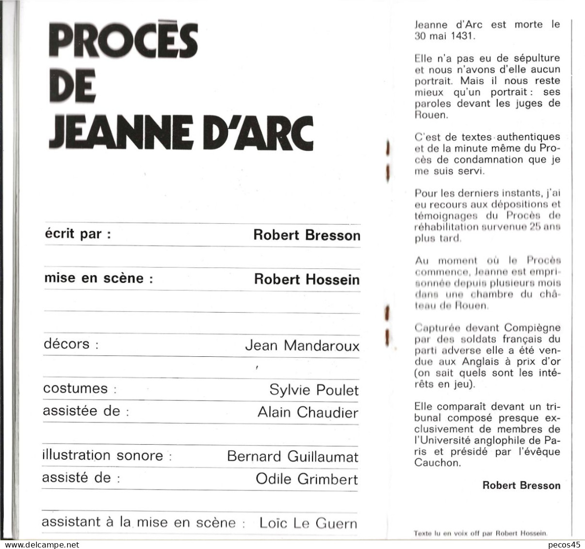 Théâtre De PARIS : "Le Procès De Jeanne D'Arc" De Robert BRESSON, Avec Robert HOSSEIN. Années 60 (?) - Toneel & Vermommingen