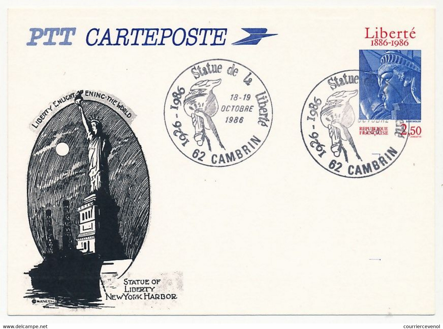 Entier Repiqué - C.P. 2,50 Statue Liberté - Statue De La Liberté - 62 CAMBRIN - 18/19 Octobre 1986 - Cartes Postales Repiquages (avant 1995)