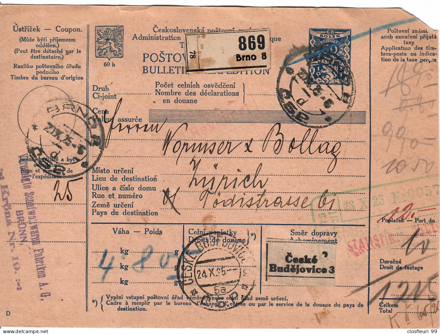 Tchecoslovaquie Postovni ... /bulletin D'expédition R. Brno 8 869 / 1925 Nach Zürich - Non Classificati