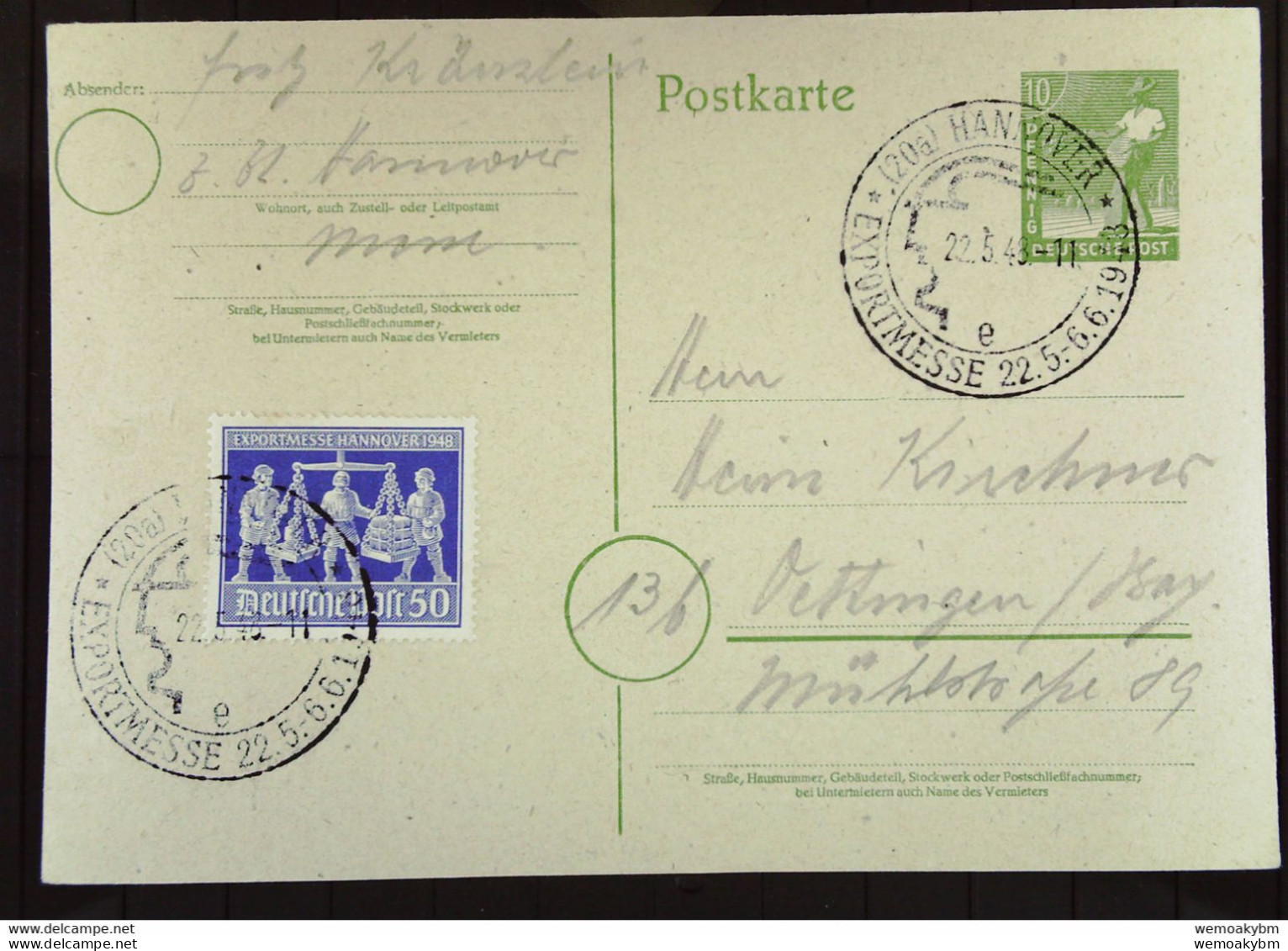 Gs-Postkarte Mit 10 Pf Sämann In MiF SoSt. HANNOVER EXPORTMESSE 22.5.-6.6.1948 Vom 22.5.46 Knr: P 961, 970a - Ganzsachen