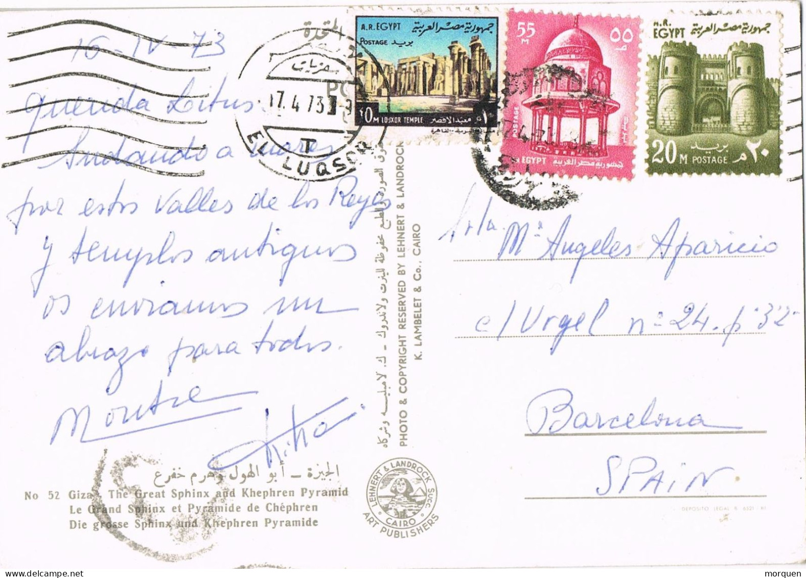 49642. Postal  Aerea LUQSOR (Egypte) 1973. Sello Luxor Y Vista De Camello Y Pitamides - Briefe U. Dokumente