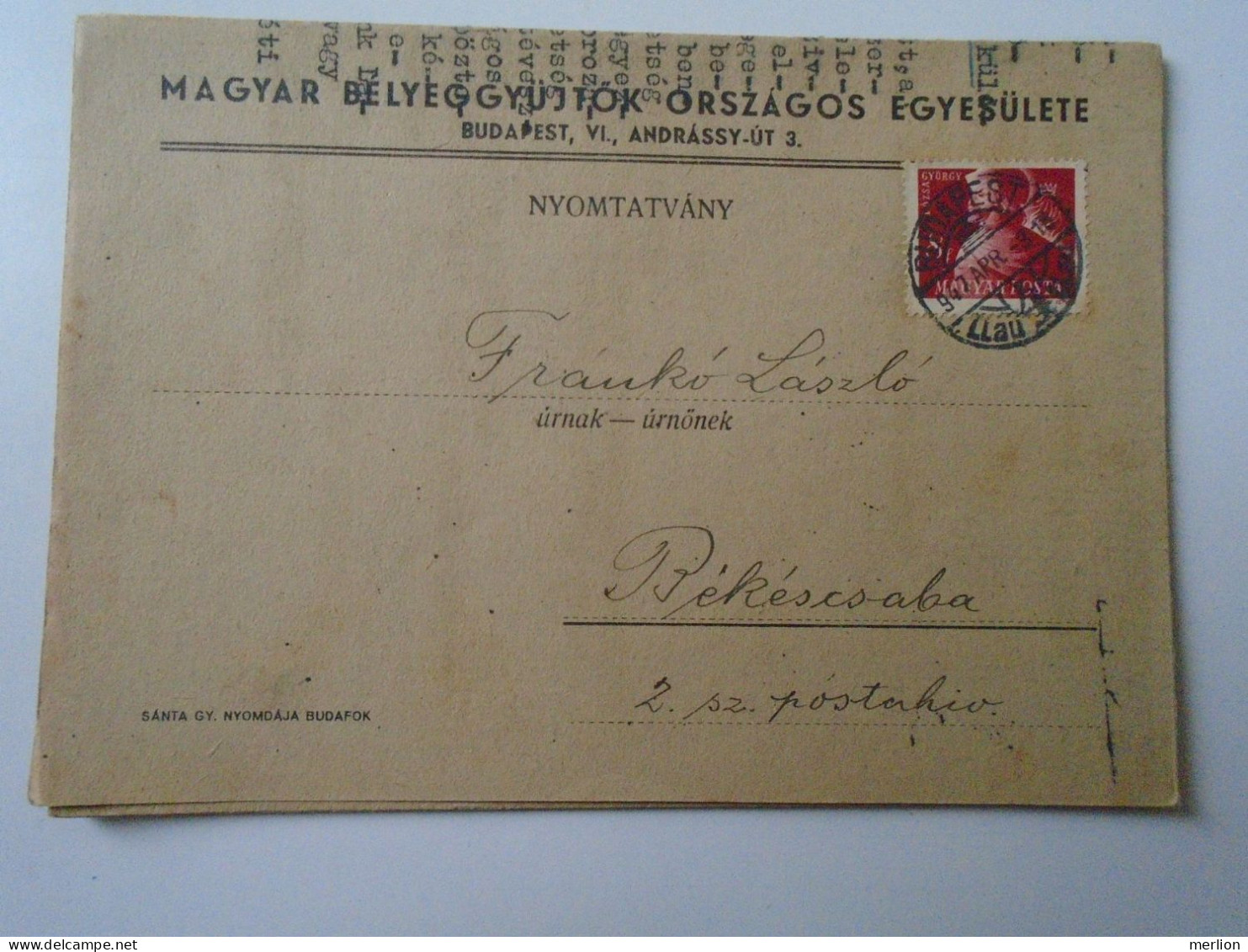 D194147  HUNGARY - National Association Of Hungarian Stamp Collectors - Mailed Circular 1947  -Frankó Bekescsaba - Brieven En Documenten