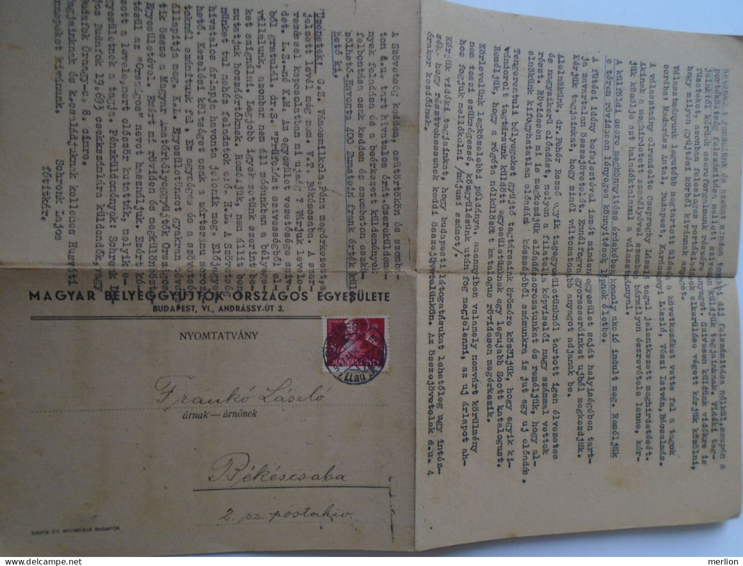 D194147  HUNGARY - National Association Of Hungarian Stamp Collectors - Mailed Circular 1947  -Frankó Bekescsaba - Lettres & Documents