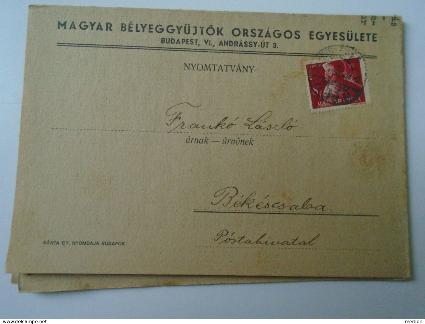 D194150  HUNGARY - National Association Of Hungarian Stamp Collectors - Mailed Circular 1947  -Frankó Bekescsaba - Brieven En Documenten