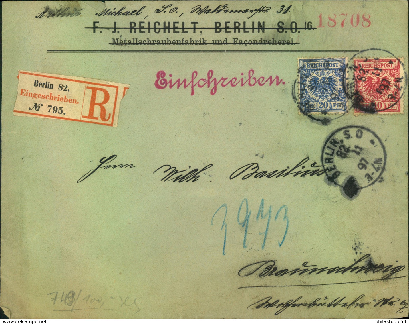 1897, Einschreiben 10/20 Pf. Krone/Adler Ab "BERLIN 82". Seltenes "spätes" Postamt("2 - Briefe U. Dokumente