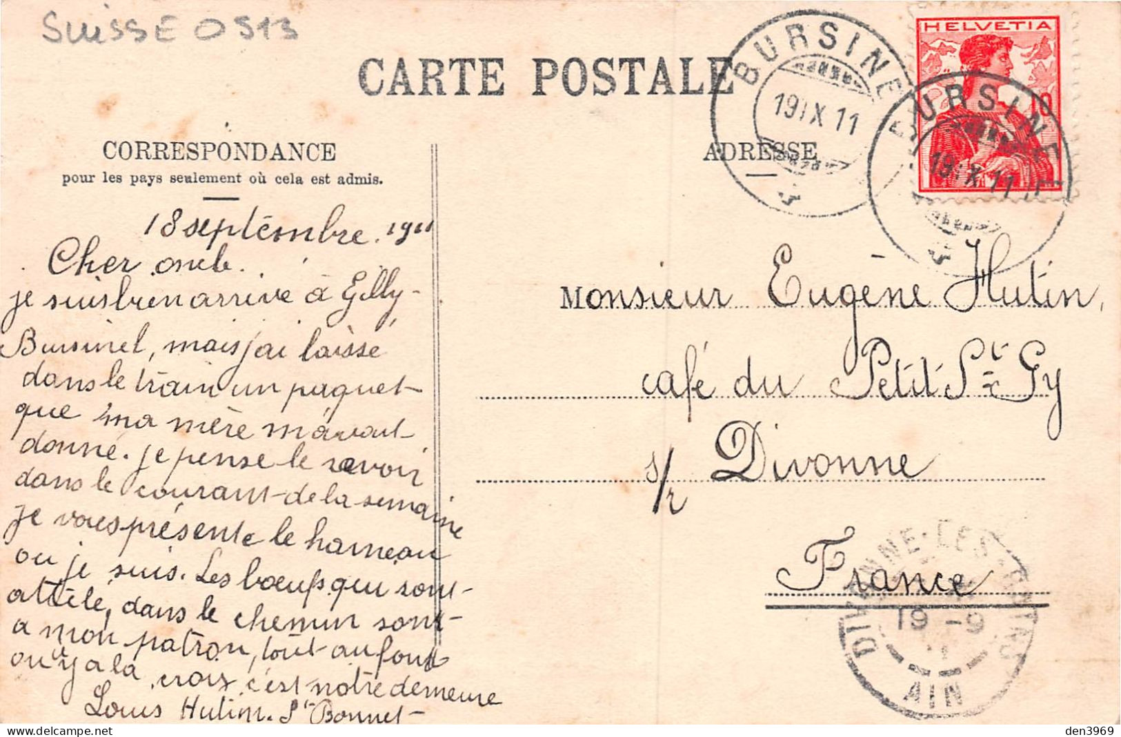 Suisse - VD - BURSINEL St. Bonnet - Voyagé 1911 (voir Les 2 Scans) - Eugène Hutin, Café Du Petit Saint-Gy, Divonne Ain - Bursinel