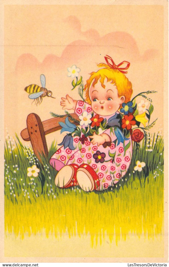 ENFANTS - Dessins D'enfants - Fleurs - Guêpe - Fille - Carte Postale Ancienne - Children's Drawings