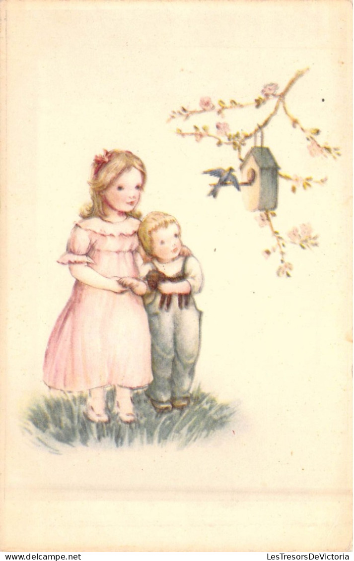 ENFANTS - Dessins D'enfants - Fille - Garçon - Oiseau - Fleurs - Carte Postale Ancienne - Dibujos De Niños