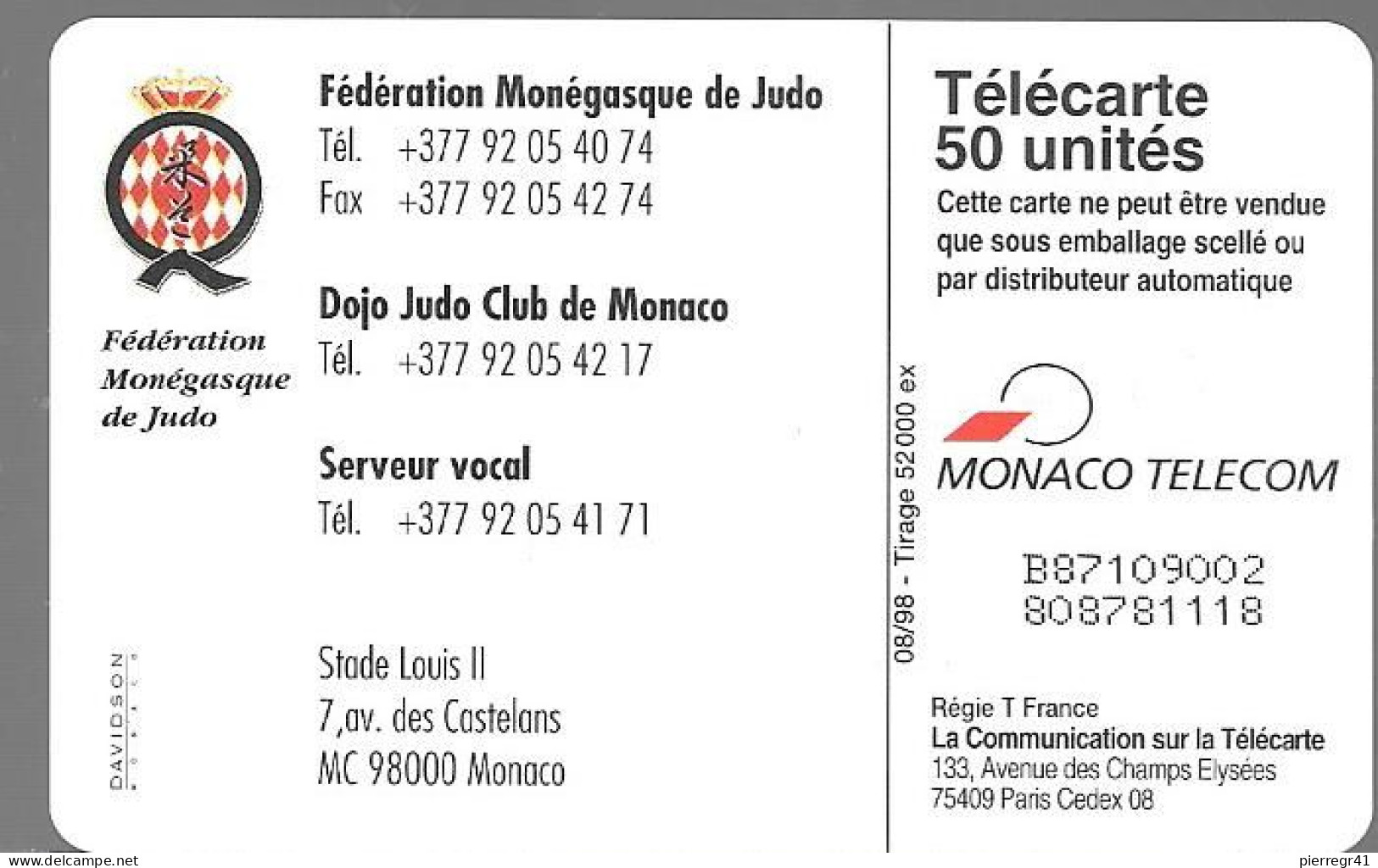 CARTE-PUBLIC-MONACO-50U-MF49-GEM A-08/98-JUDO-50 E Anniversaire-V°N° Série 9002-UTILISE-TBE - Monace