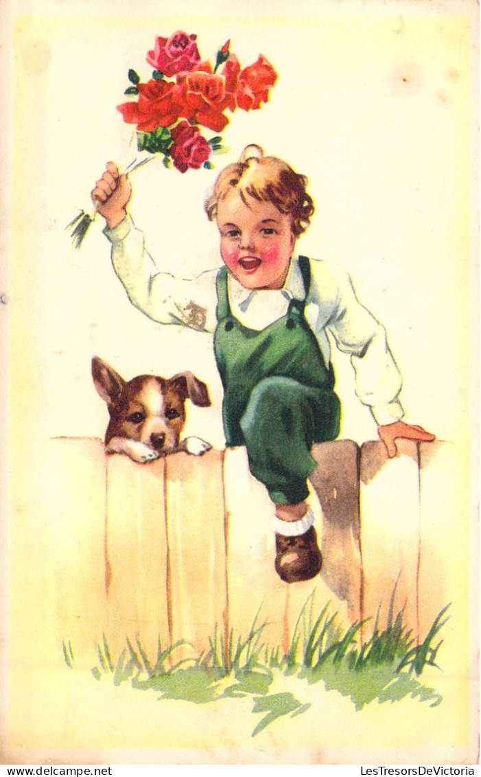 ENFANTS - Fille - Dessin D'enfant - Chien - Fleurs - Carte Postale Ancienne - Dessins D'enfants