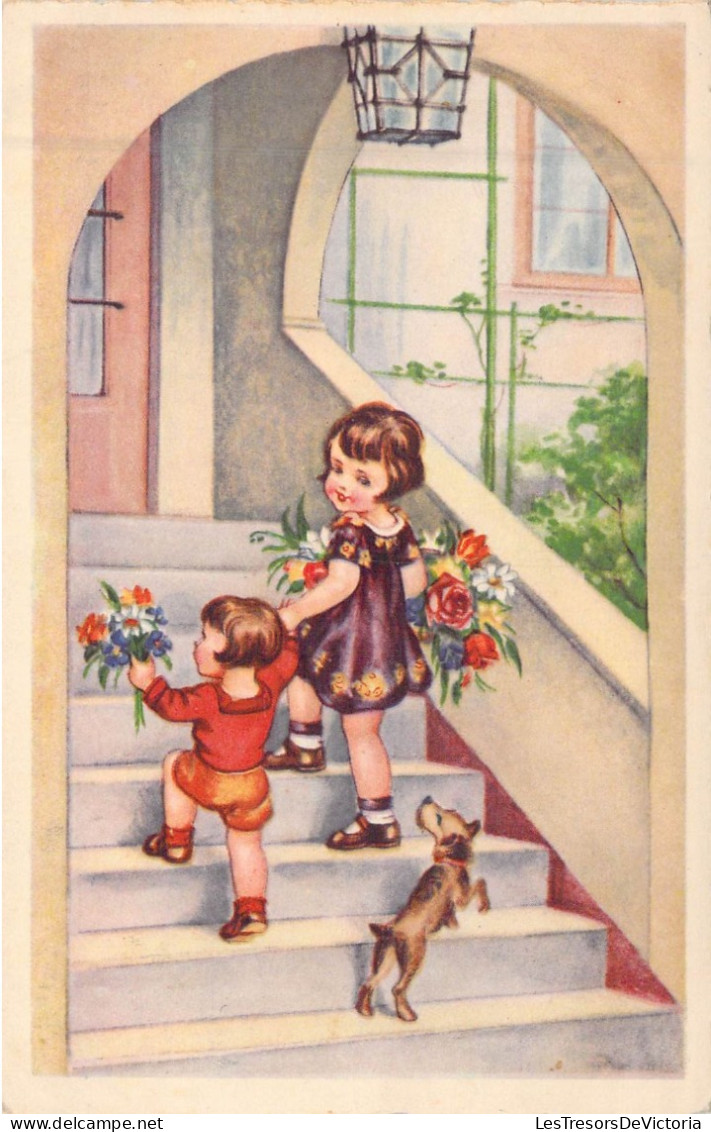 ENFANTS - Filles - Dessin D'enfant - Chien - Fleurs - Carte Postale Ancienne - Disegni Infantili