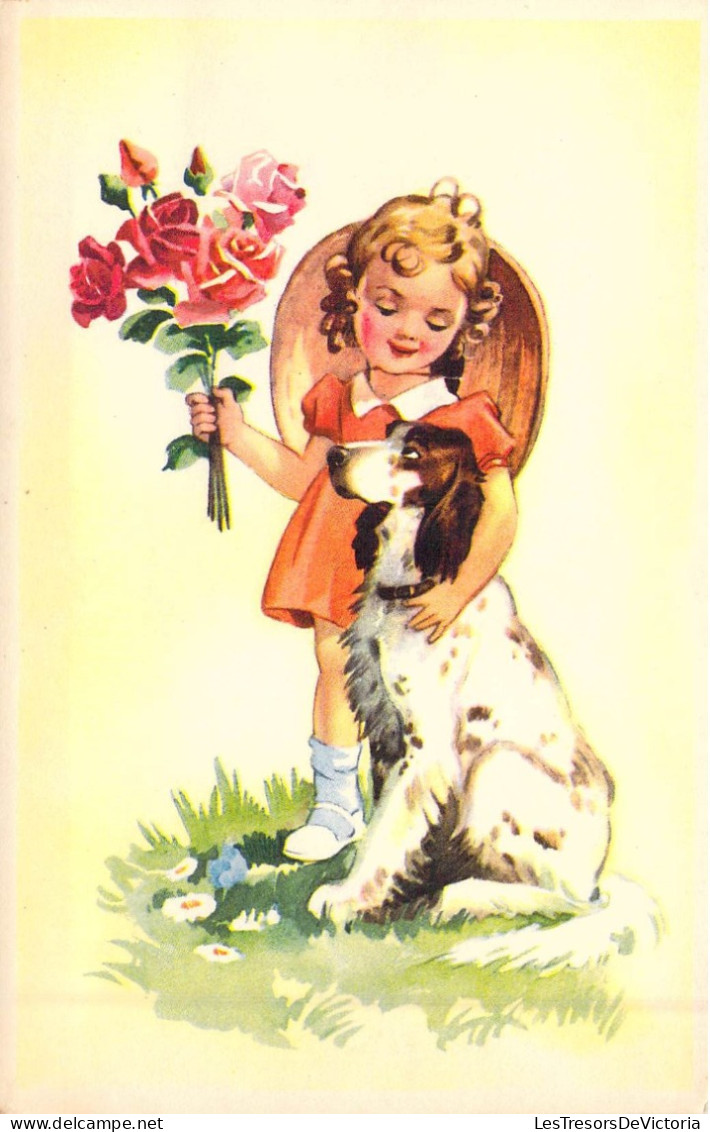 ENFANTS - Fille - Dessin D'enfant - Chien - Fleurs - Carte Postale Ancienne - Dessins D'enfants