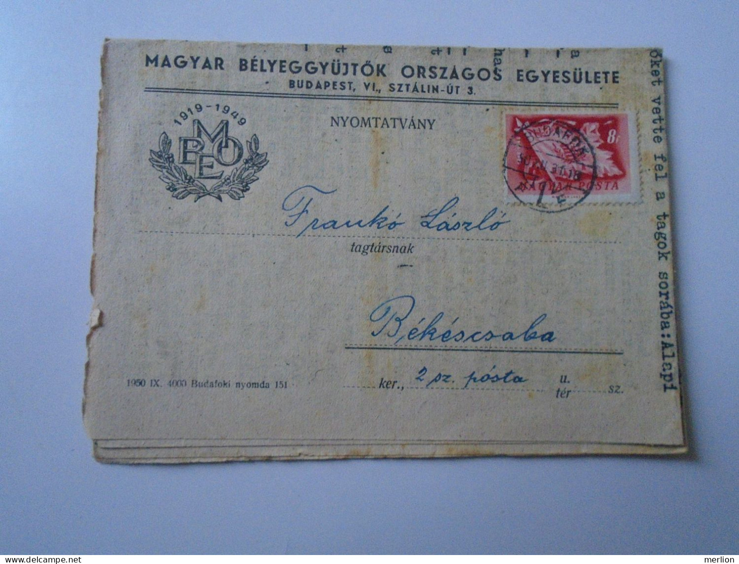 D194165  HUNGARY - National Association Of Hungarian Stamp Collectors - Mailed Circular 1950  -Frankó Bekescsaba - Covers & Documents