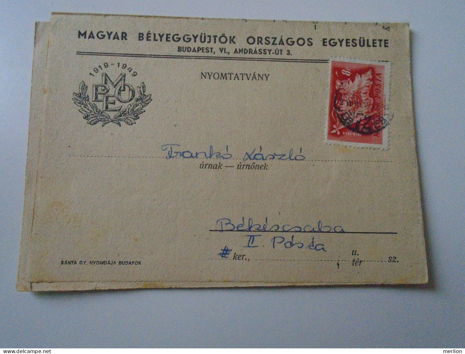 D194166  HUNGARY - National Association Of Hungarian Stamp Collectors - Mailed Circular 1949  -Frankó Bekescsaba - Briefe U. Dokumente