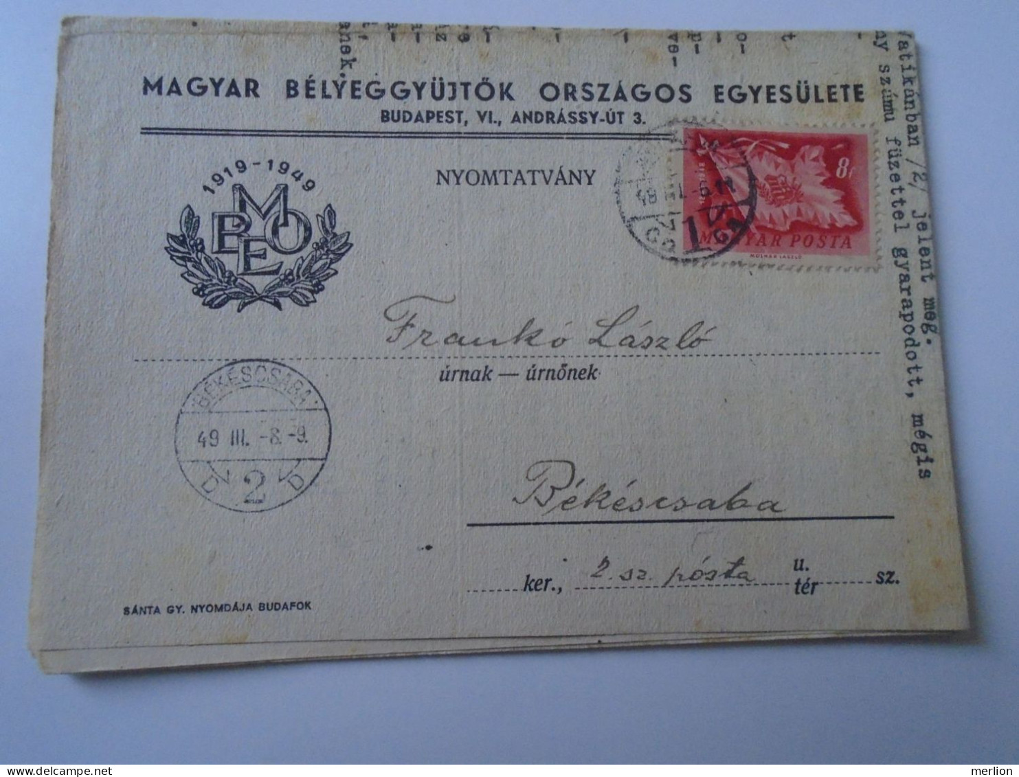 D194167  HUNGARY - National Association Of Hungarian Stamp Collectors - Mailed Circular 1949  -Frankó Bekescsaba - Cartas & Documentos