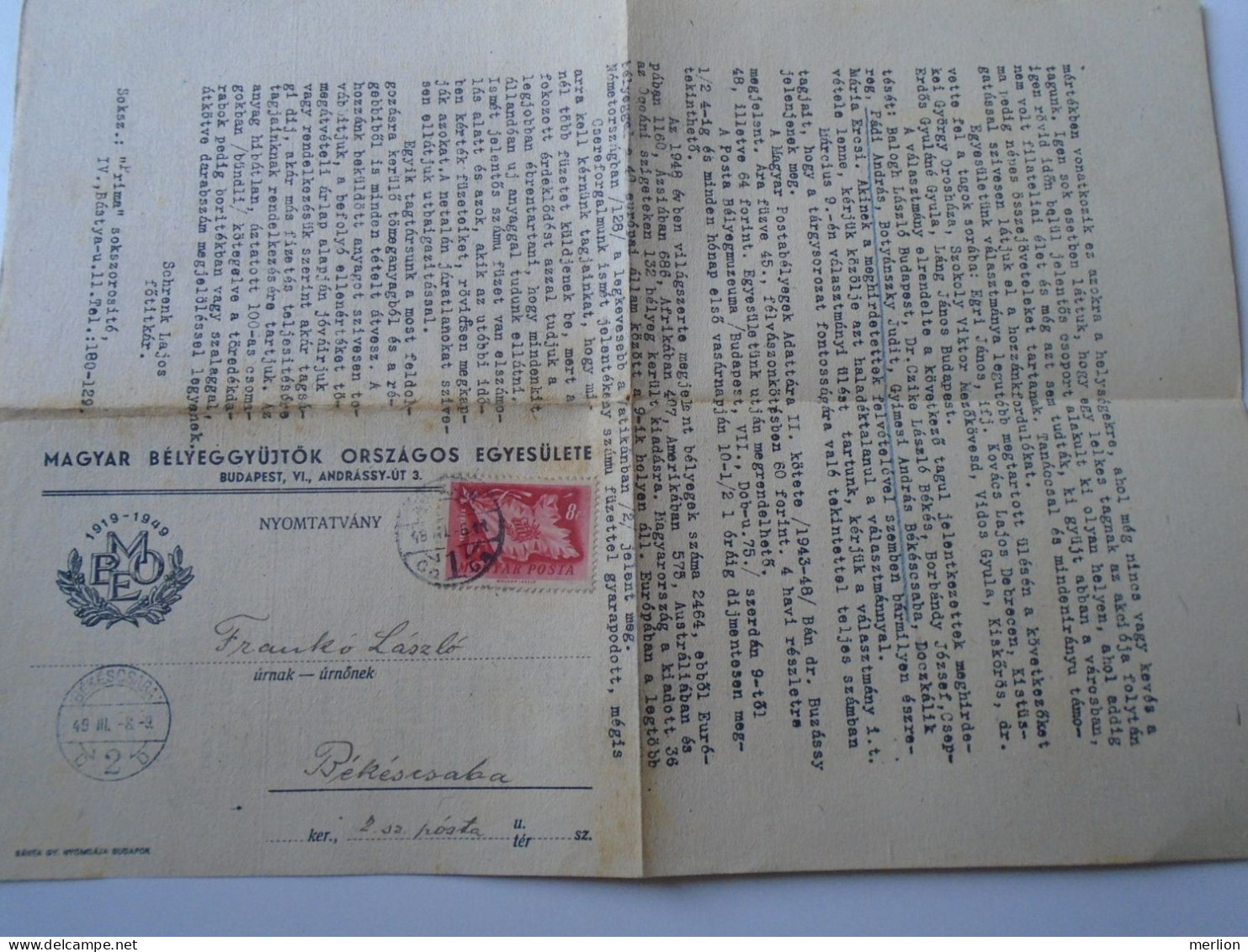 D194167  HUNGARY - National Association Of Hungarian Stamp Collectors - Mailed Circular 1949  -Frankó Bekescsaba - Cartas & Documentos