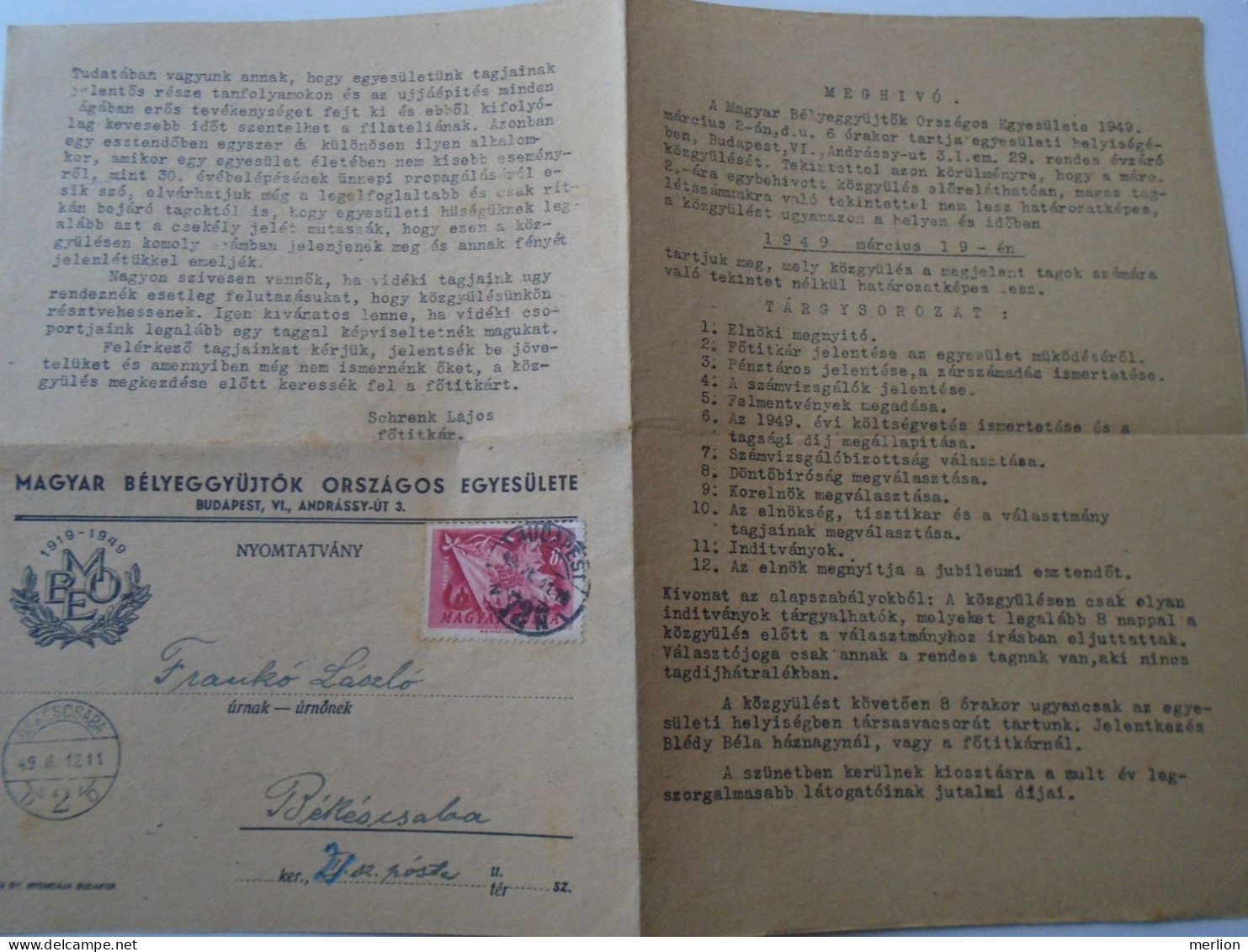 D194168  HUNGARY - National Association Of Hungarian Stamp Collectors - Mailed Circular 1949  -Frankó Bekescsaba - Cartas & Documentos