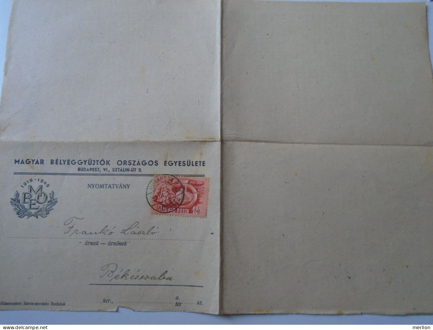 D194169  HUNGARY - National Association Of Hungarian Stamp Collectors - Mailed Circular 1950  -Frankó Bekescsaba - Cartas & Documentos