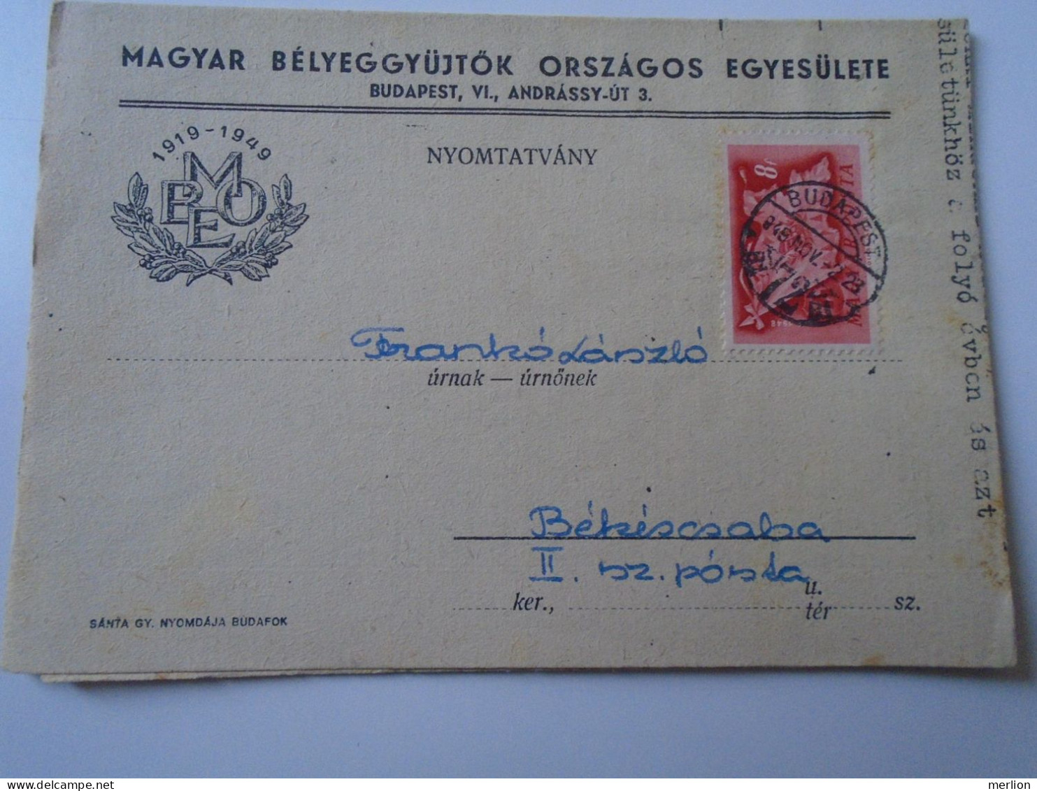 D194172  HUNGARY - National Association Of Hungarian Stamp Collectors - Mailed Circular 1949 -Frankó Bekescsaba - Cartas & Documentos