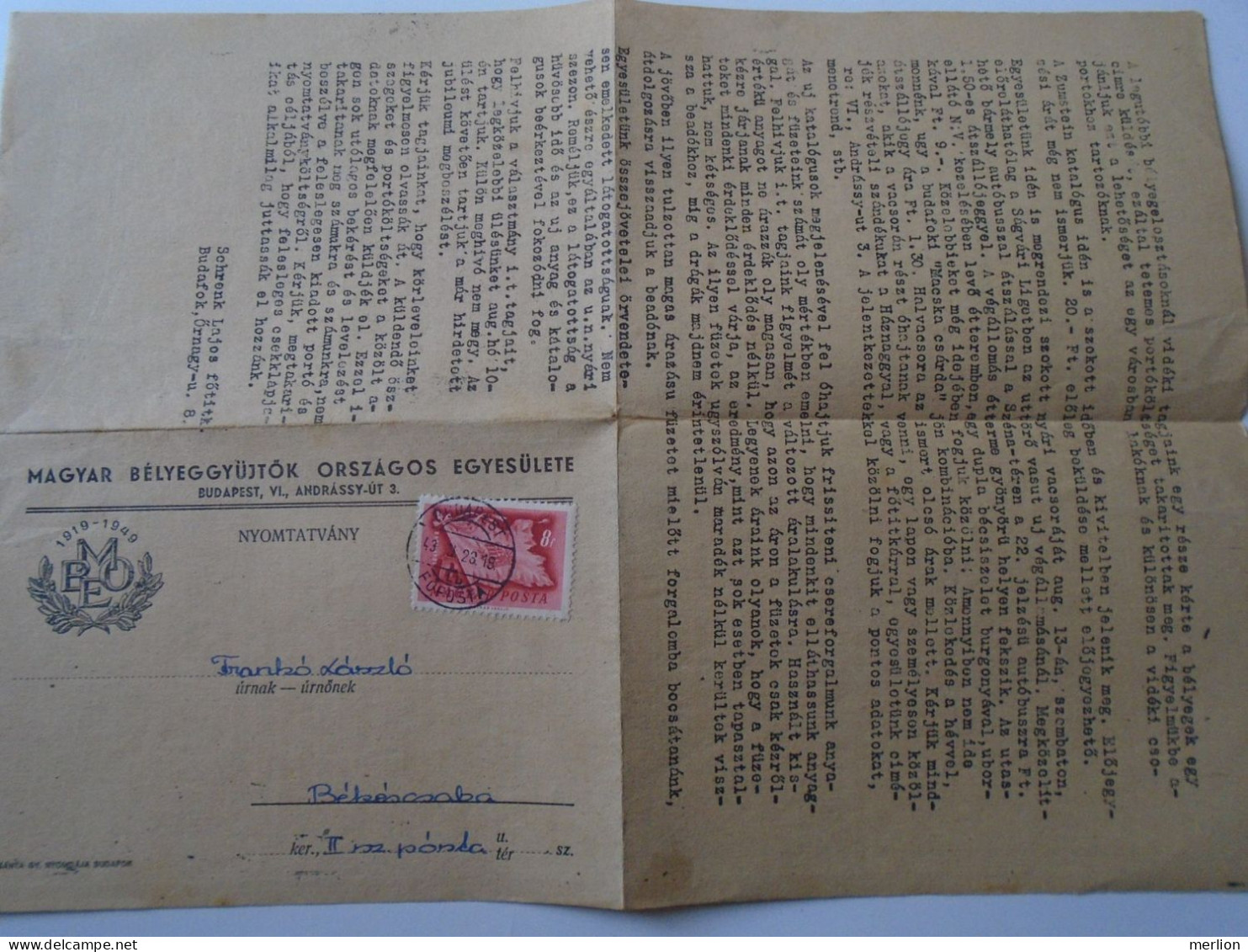 D194175  HUNGARY - National Association Of Hungarian Stamp Collectors - Mailed Circular 1948 -Frankó Bekescsaba - Lettres & Documents