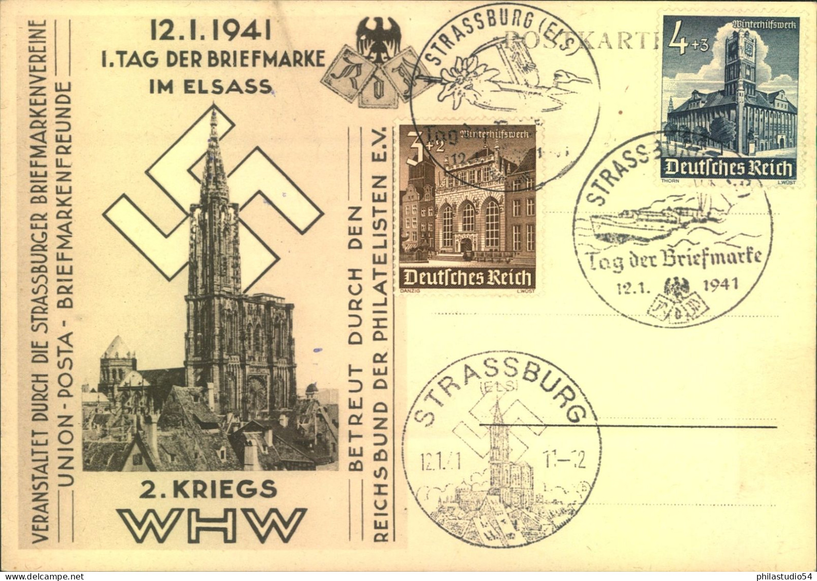 1941, Sonderkarte "1. Tag Der Briefmarke Im Elsass" Mit 3 Versch SST Von Strassburg - Briefe U. Dokumente