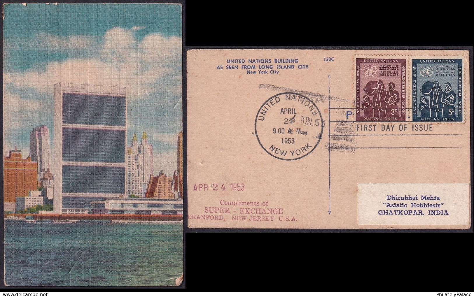 1953 Postcard Of United Nations UN Building From Long Island City New York City With Refugees Stamps To India (**) - Brieven En Documenten