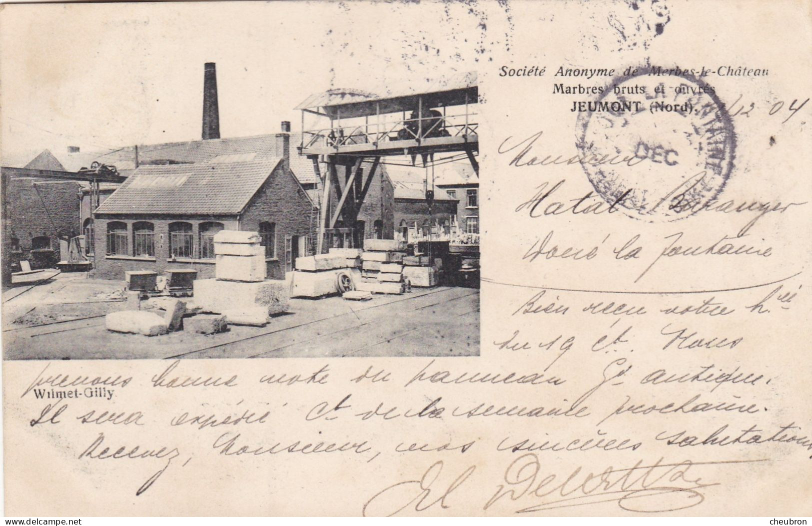 BELGIQUE. MERBES LE CHATEAU .CPA..RARETE.  " USINE JEUMONT ". MARBRES BRUT ET OUVRES   ANNÉE 1904 +TEXTE - Merbes-le-Chateau