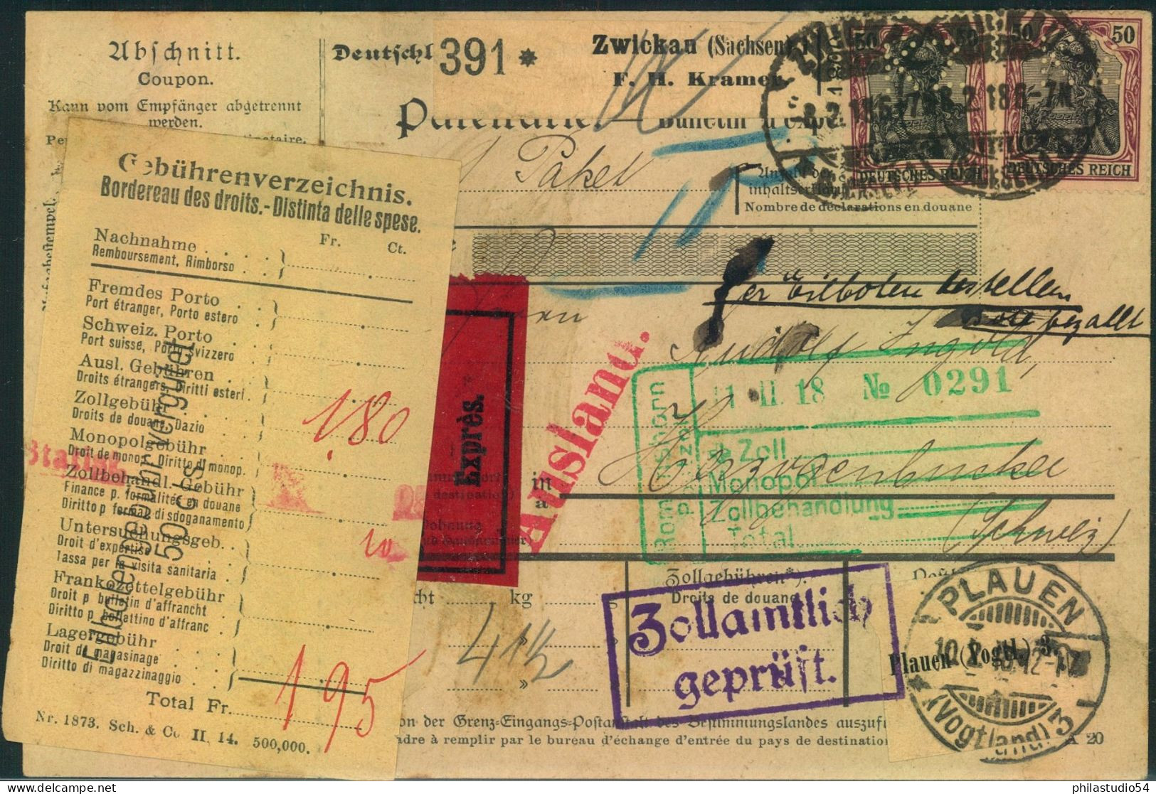 1918, Eil - Paketkarte Aus ZWICKAU  Mit Germania-Frankatur, Diese Mit Firmenocj "K Z" - Lettres & Documents