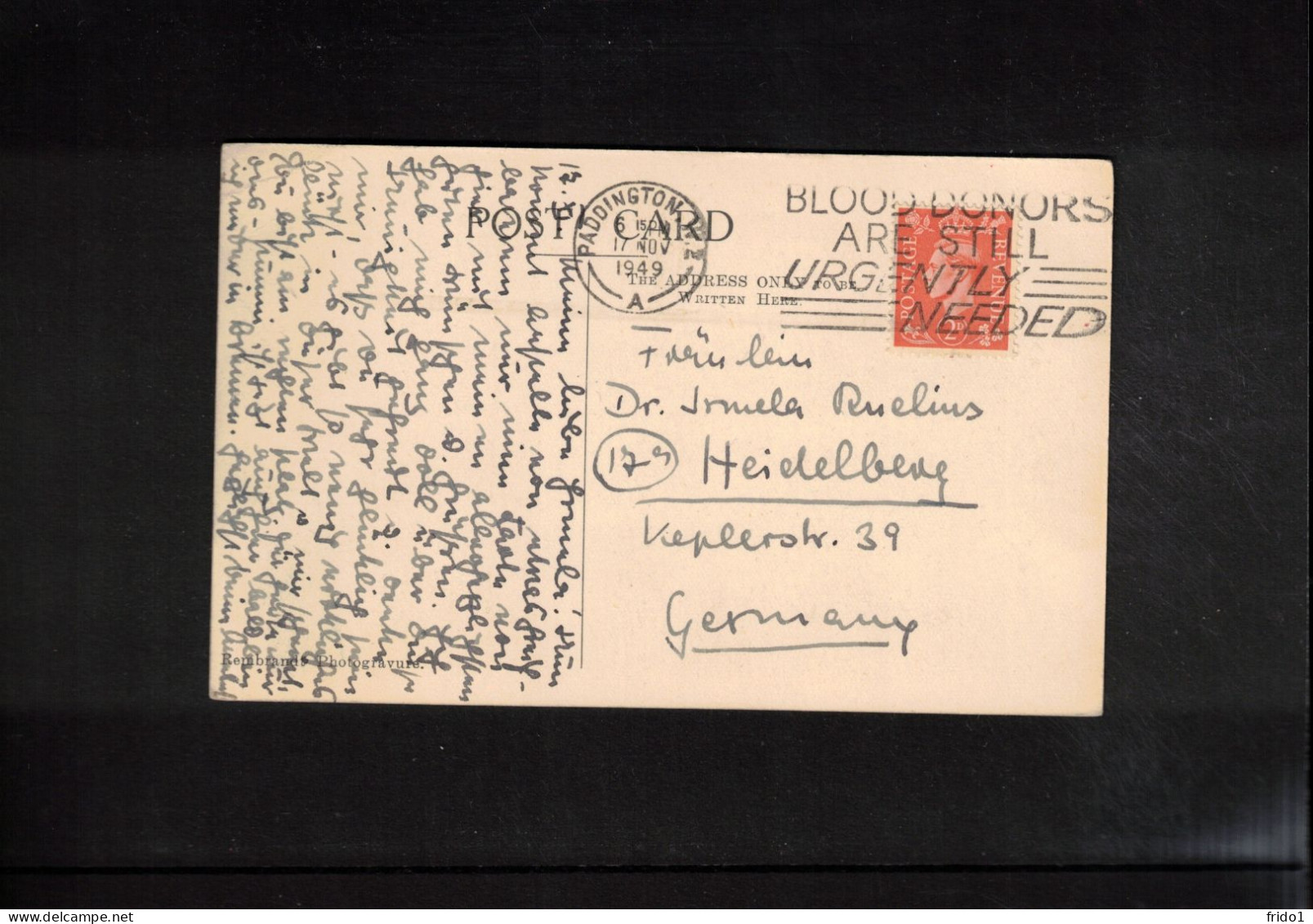 Great Britain 1949 Health  Interesting Postmark BLOOD DONORS ARE STILL URGENTLY NEEDED - First Aid