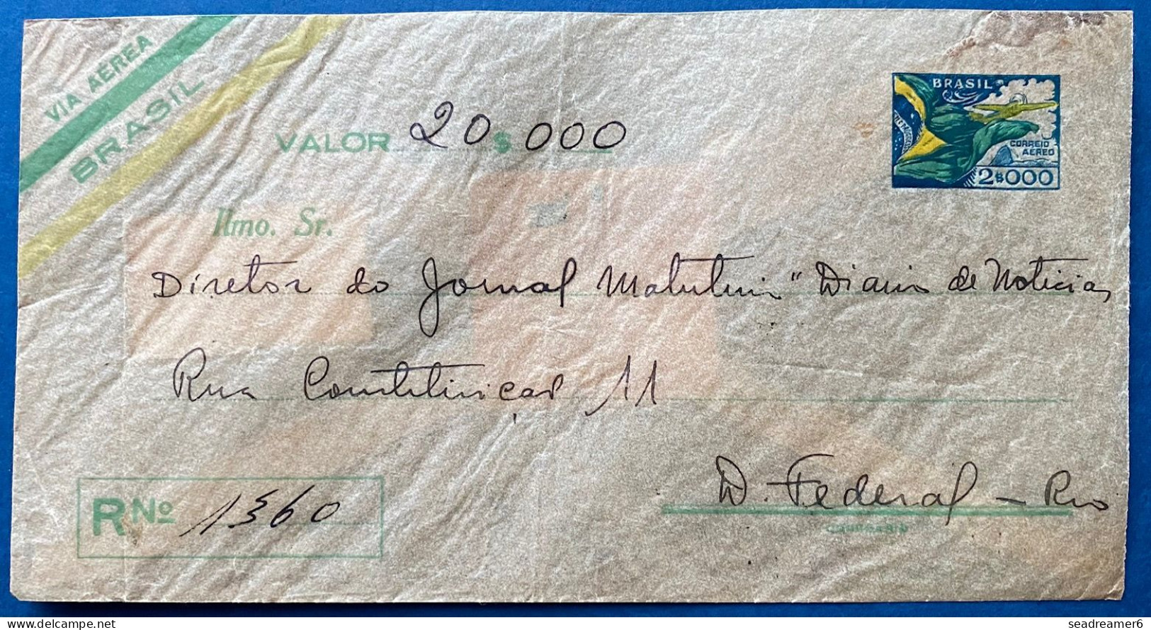 Brazil 1941 Registred Stationnery Letter Glassine Paper Of 2$000  For RIO At Back Stamps Cancelled TELEGRAFOS TTB - Posta Aerea