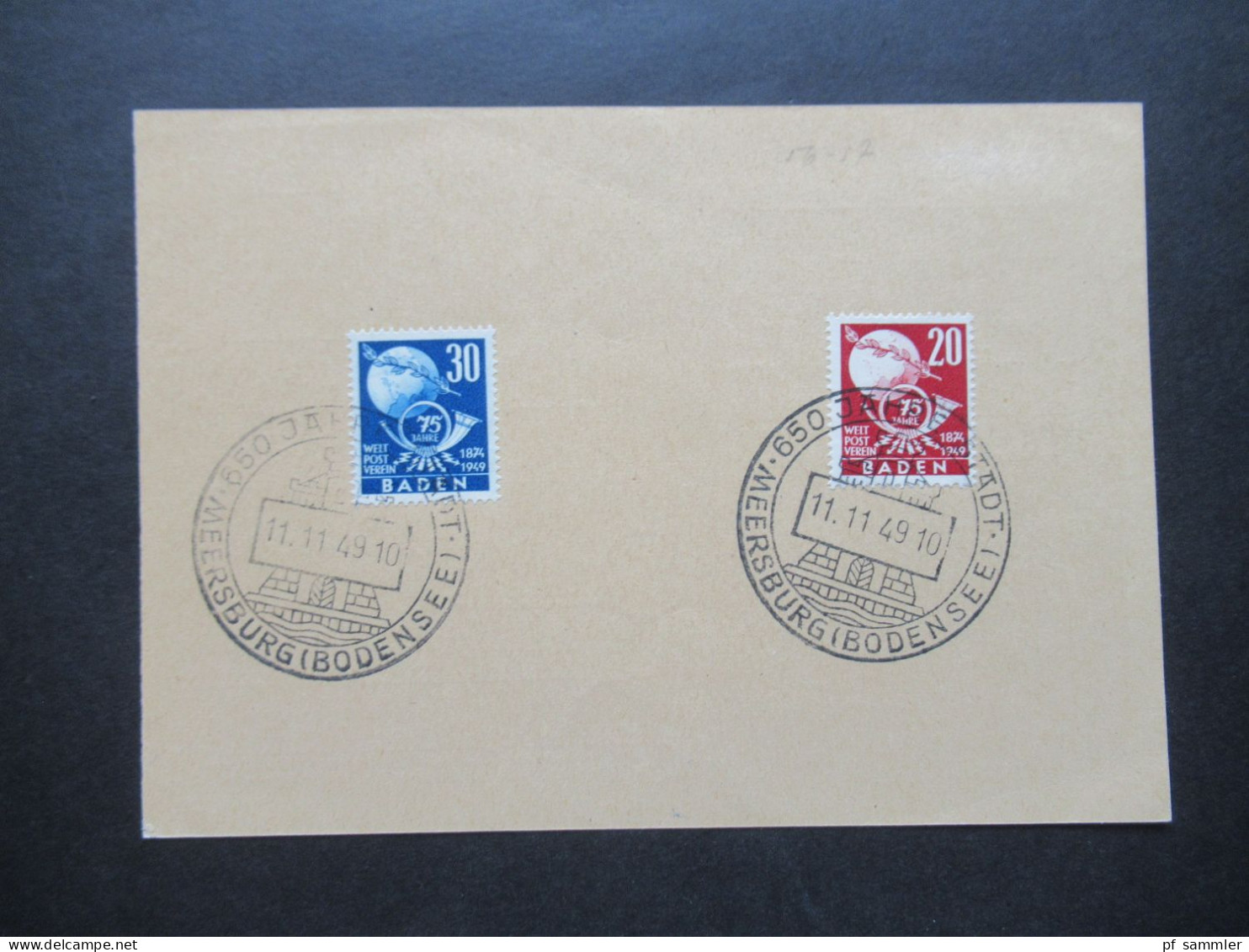 Französische Zone 1949 Baden Nr.56 / 57 UPU 75 Jahre Weltpostverein PK Mit Sonderstempel Mersburg (Bodensee) - Bade