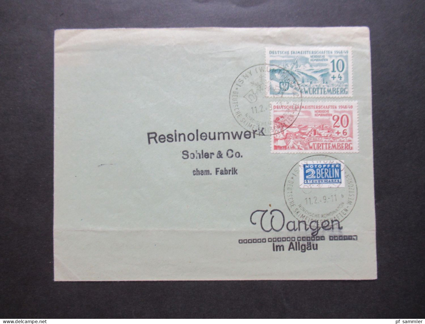 Französische Zone 1949 Württemberg Skimeisterschaften Nr.38 / 39 FDC / SSt Isny Mit Notopfermarke Nach Wangen Allgäu - Wurtemberg