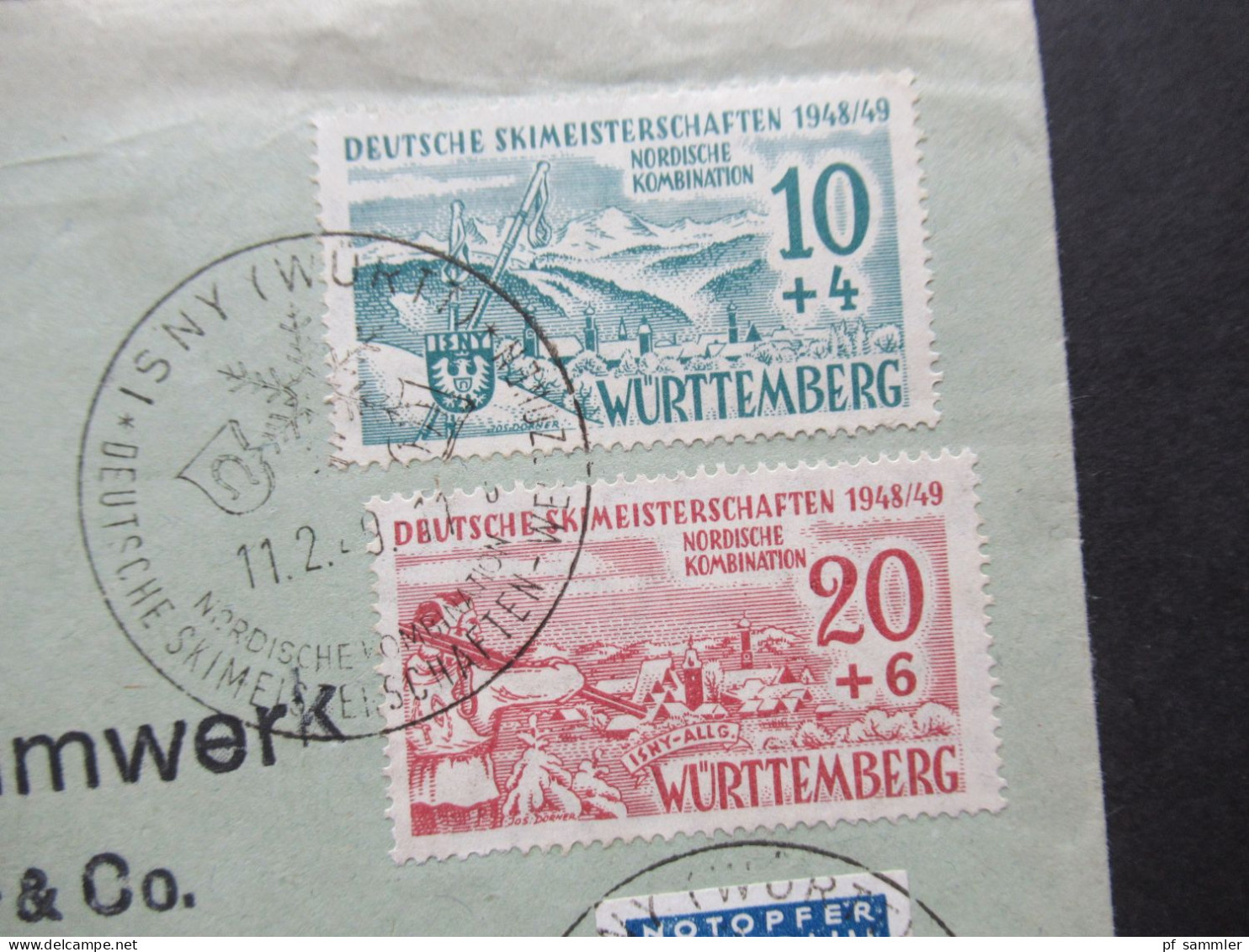 Französische Zone 1949 Württemberg Skimeisterschaften Nr.38 / 39 FDC / SSt Isny Mit Notopfermarke Nach Wangen Allgäu - Wurtemberg